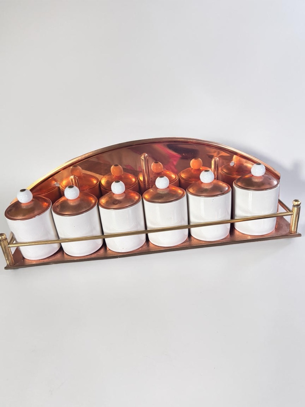 Vintage Korean Copper Spice Jar Set Wall Rack Mid Century